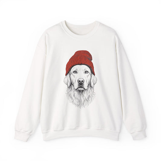 Golden Retriever Beanie Crewneck Sweatshirt White