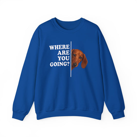 Dachshund Where Are You Going Red Crewneck Sweatshirt Royal