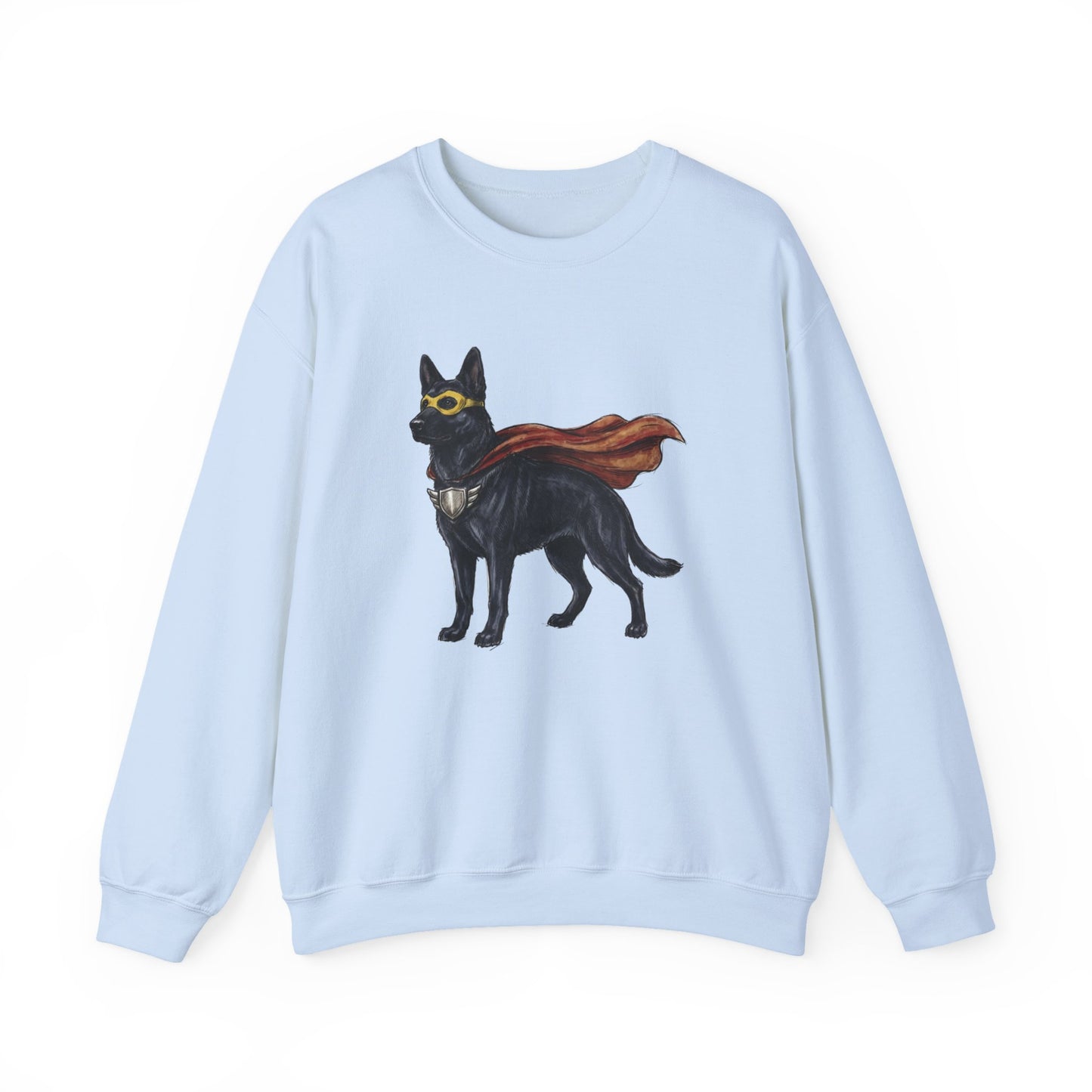 Black German Shepherd Superhero Crewneck Sweatshirt Light Blue
