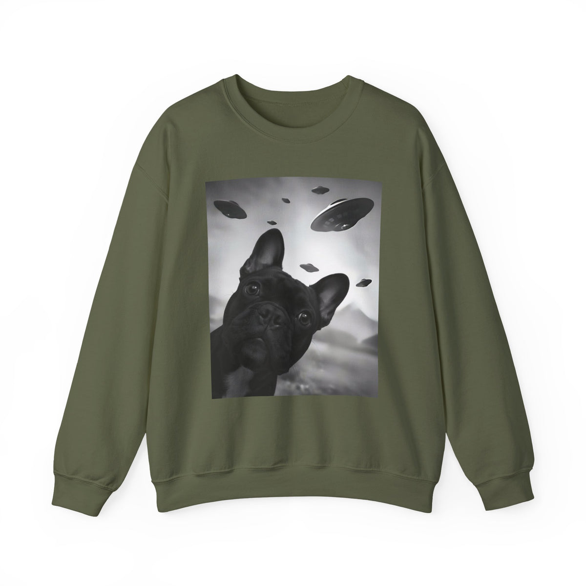 French Bulldog UFO Selfie Crewneck Sweatshirt Military Green
