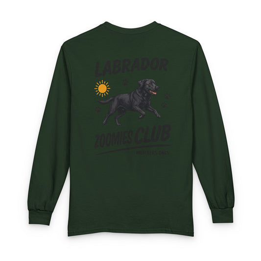 Black Labrador Zoomies Club (Back Print) Long Sleeve Forest Green