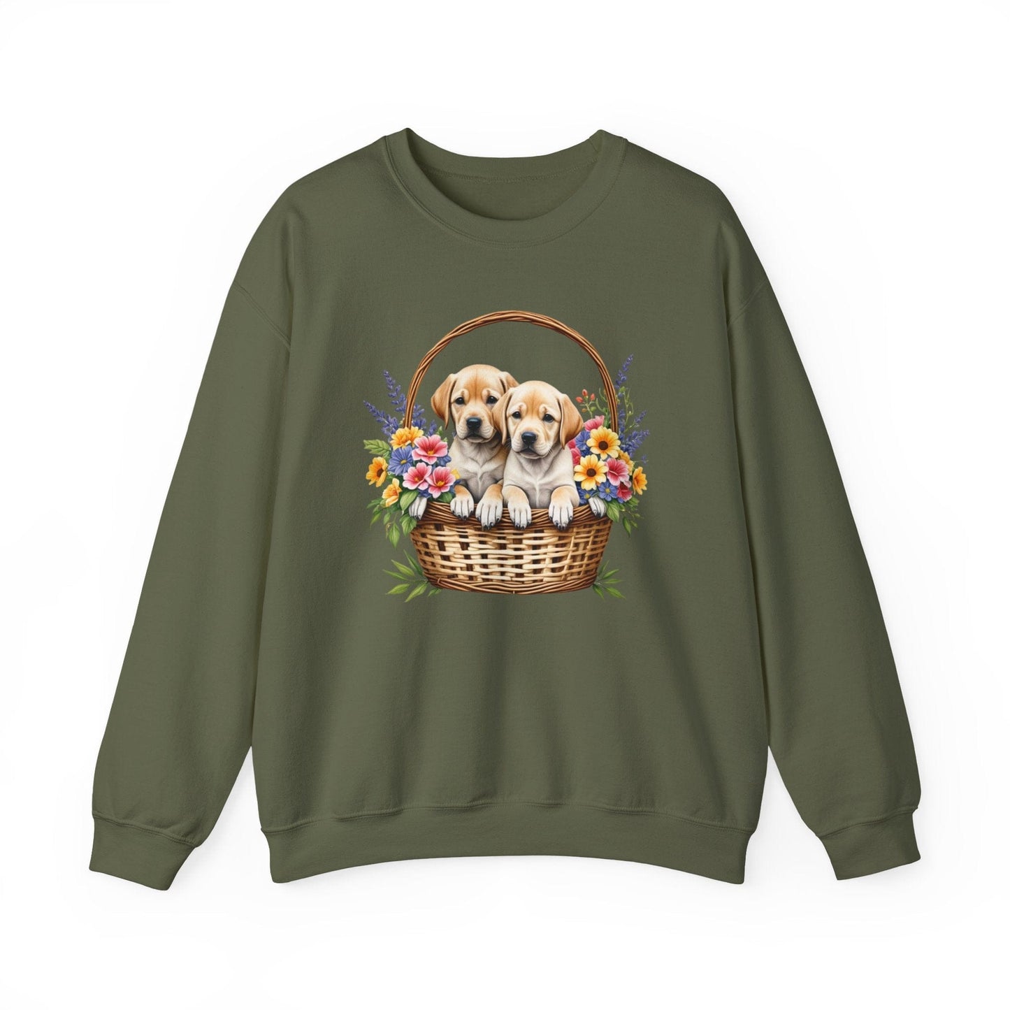Labrador Puppies in Basket Crewneck Sweatshirt Military Green
