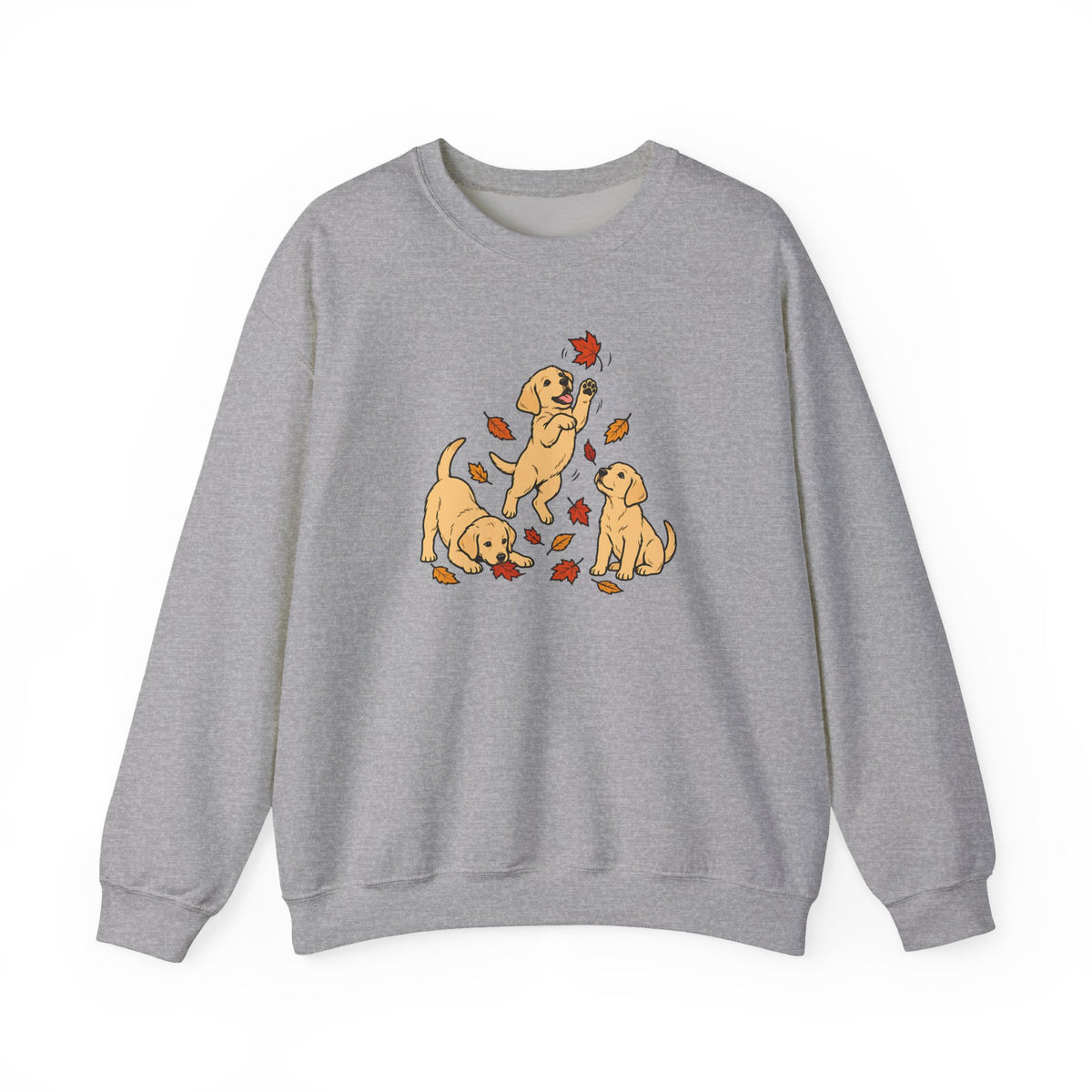 Yellow Labrador Puppies Fall Leaves Crewneck Sweatshirt Sport Grey