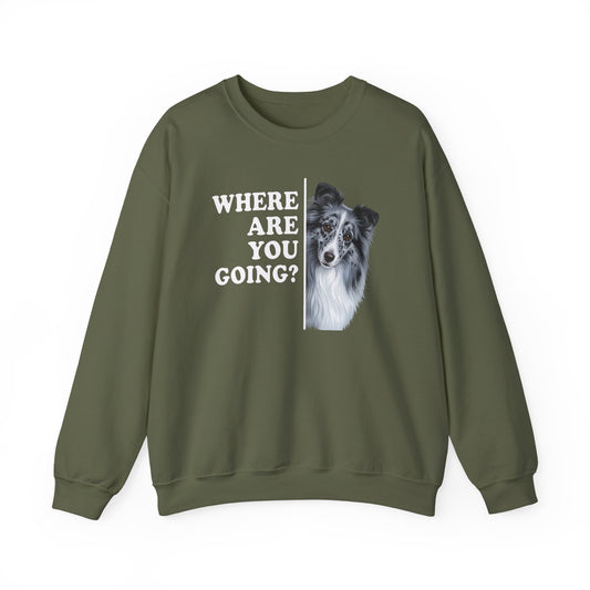 Blue Merle Shetland Sheepdog Where Are You Going Crewneck Sweatshirt Military Green