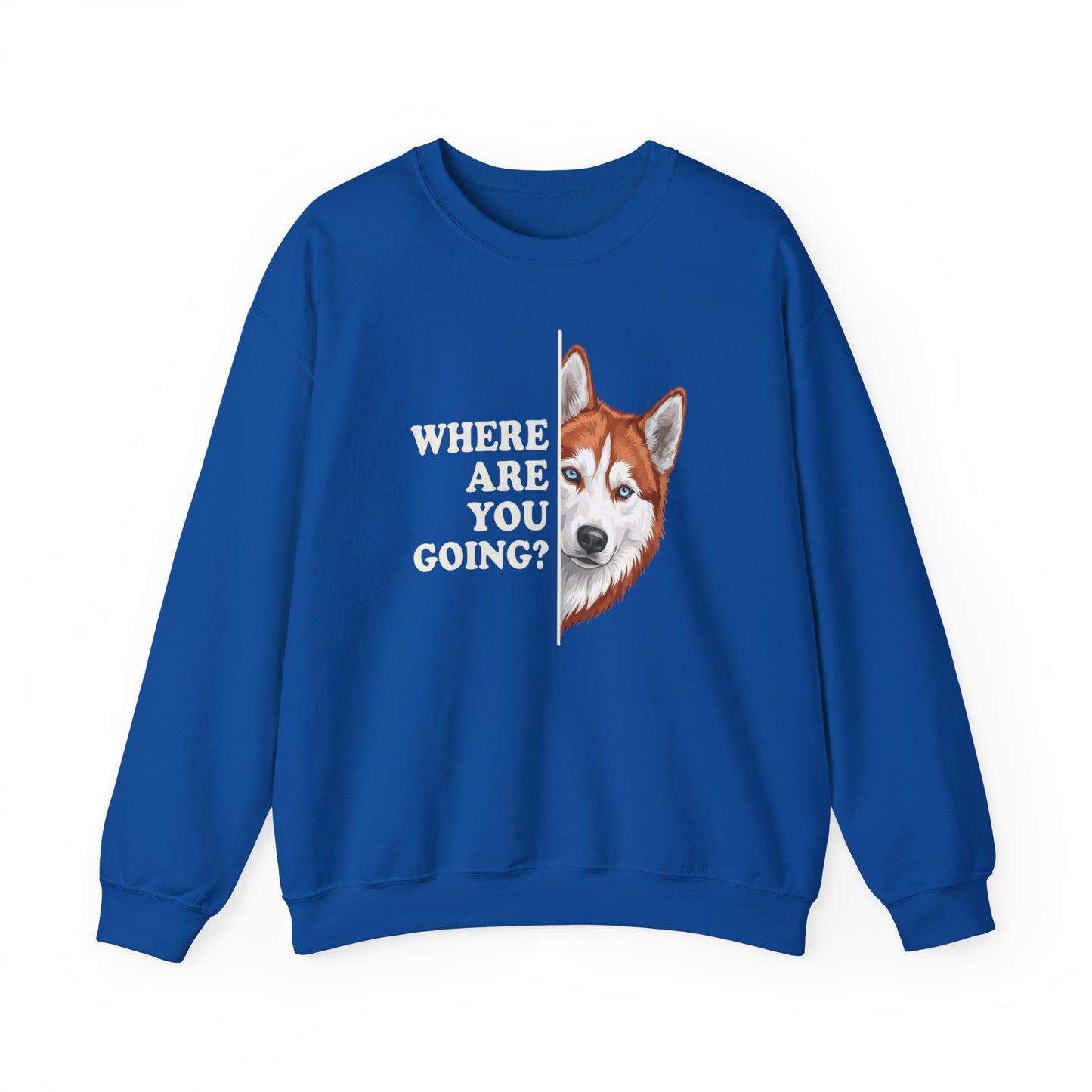 Red and White Husky Alert Crewneck Sweatshirt Royal