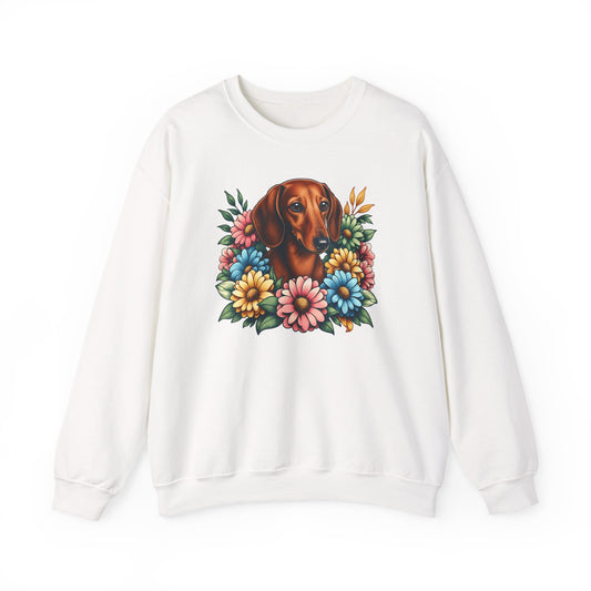 Dachshund Flower Wreath Crewneck Sweatshirt White