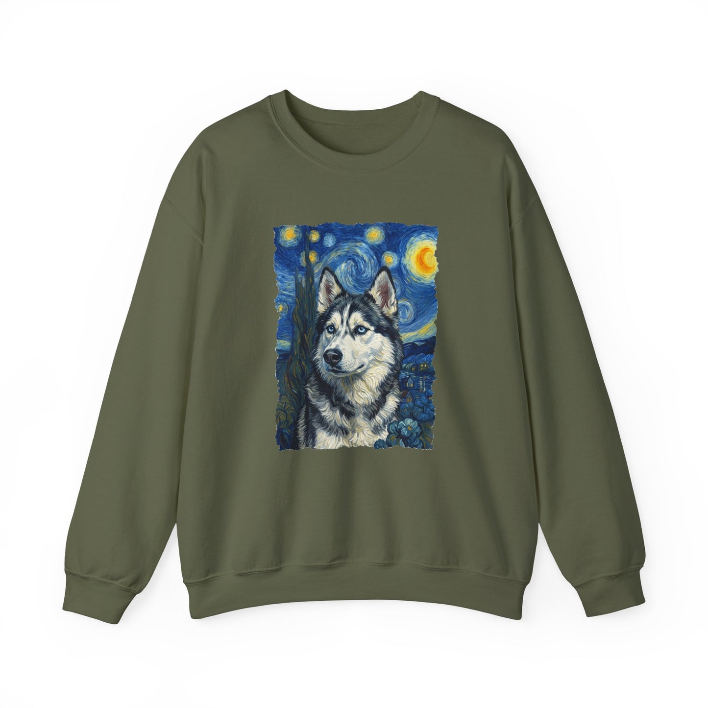 Husky Portrait Van Gogh Crewneck Sweatshirt Military Green