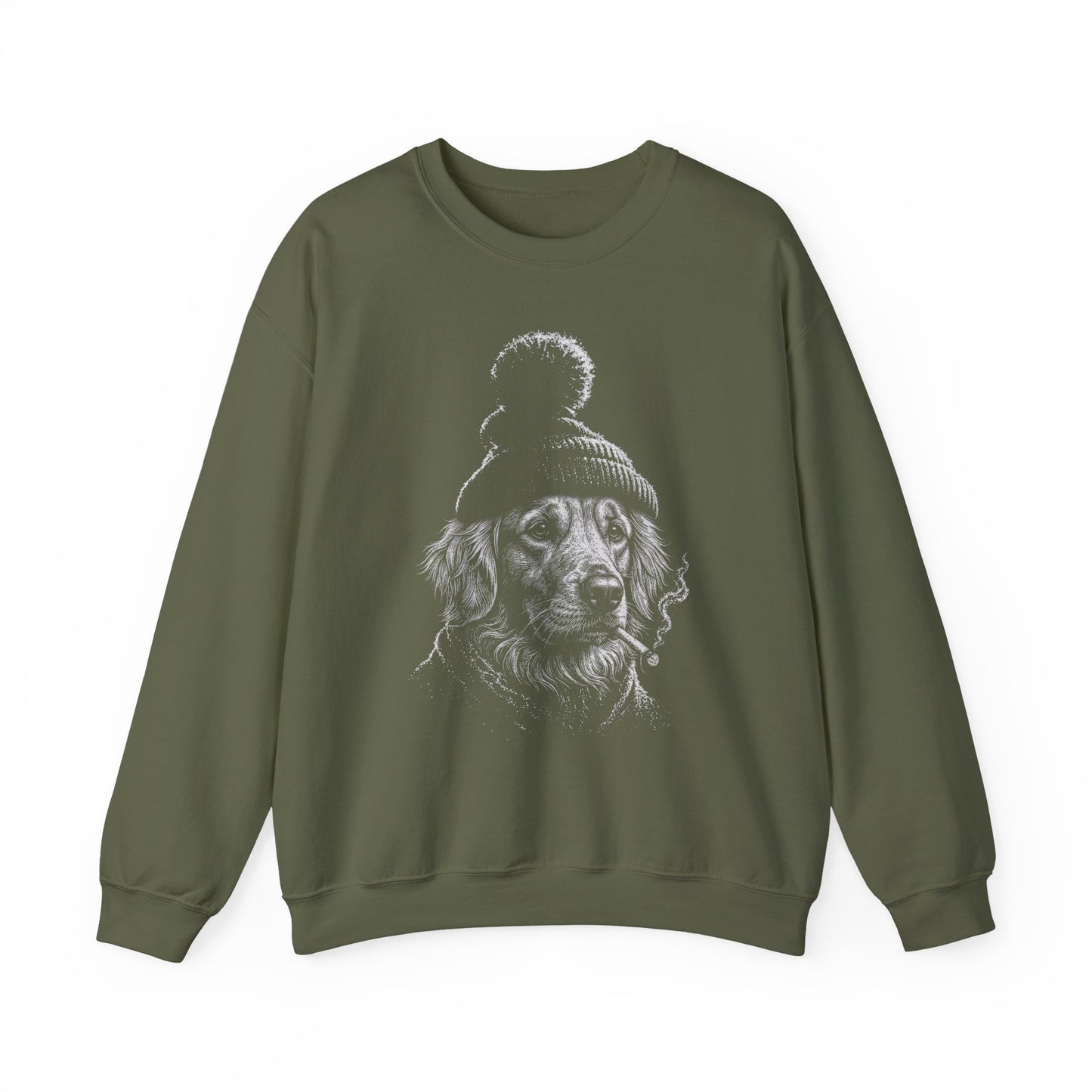 Golden Retriever Cigarette Crewneck Sweatshirt Military Green