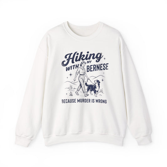 Hiking With My Bernese Mountain Dog Crewneck Sweatshirt White