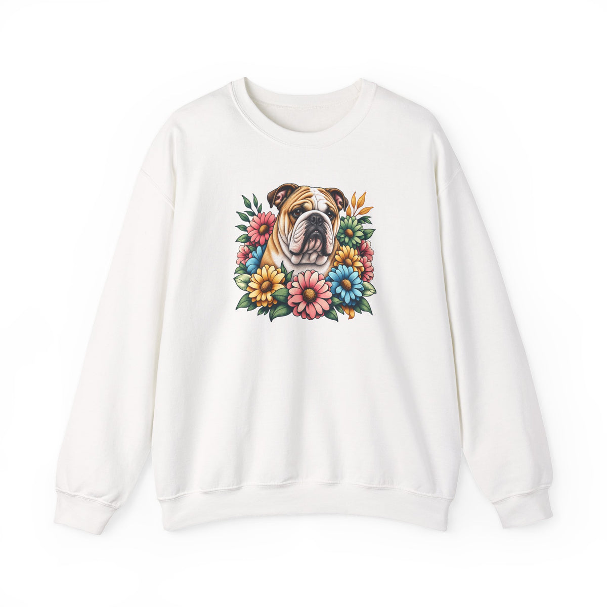 English Bulldog Flower Wreath Crewneck Sweatshirt White