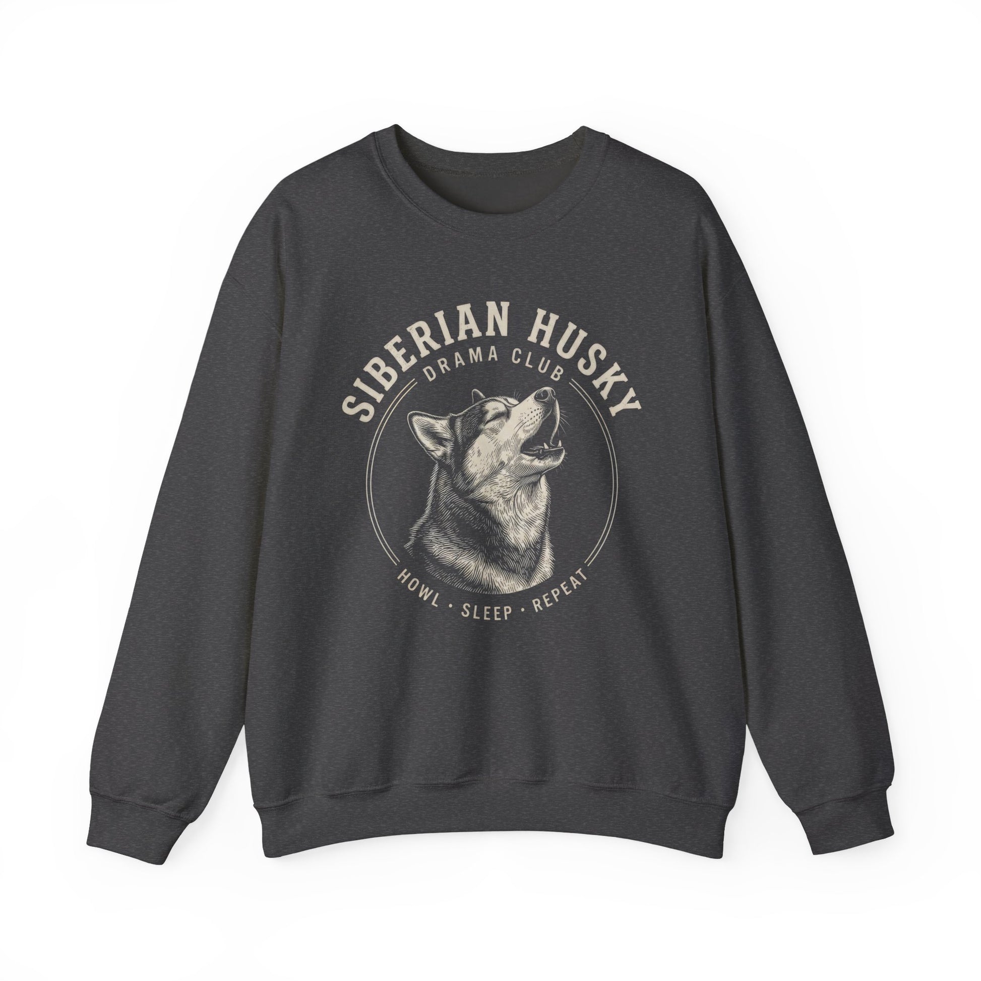 Siberian Husky Drama Club Crewneck Sweatshirt Dark Heather