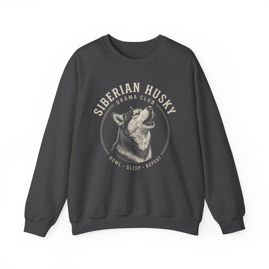 Siberian Husky Drama Club Crewneck Sweatshirt Dark Heather