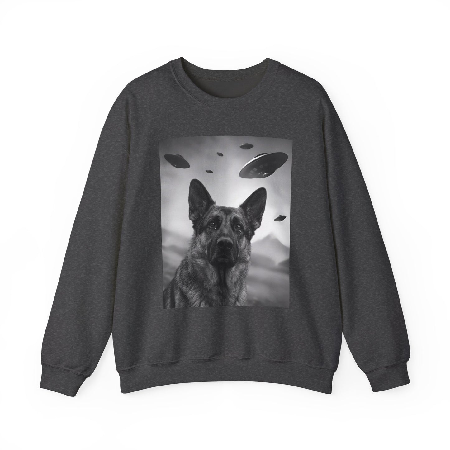German Shepherd UFO Crewneck Sweatshirt Dark Heather