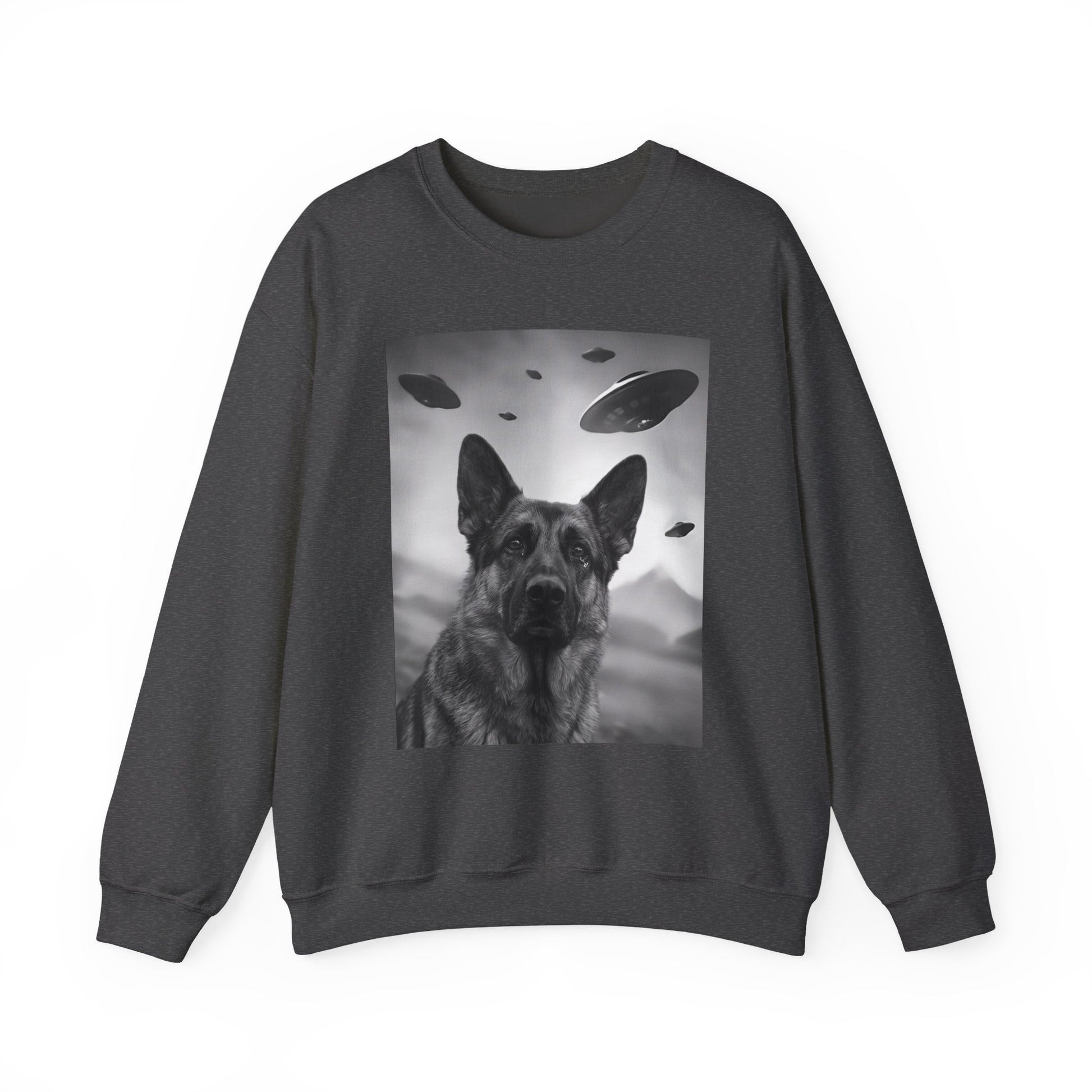 German Shepherd UFO Crewneck Sweatshirt Dark Heather