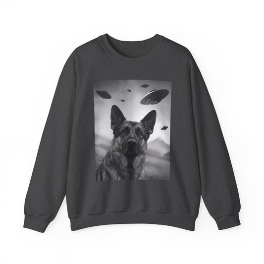 German Shepherd UFO Crewneck Sweatshirt Dark Heather