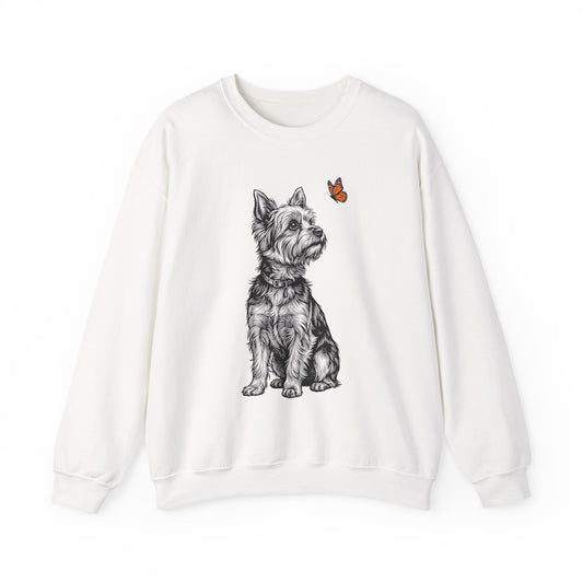 Yorkshire Terrier Butterfly Crewneck Sweatshirt White
