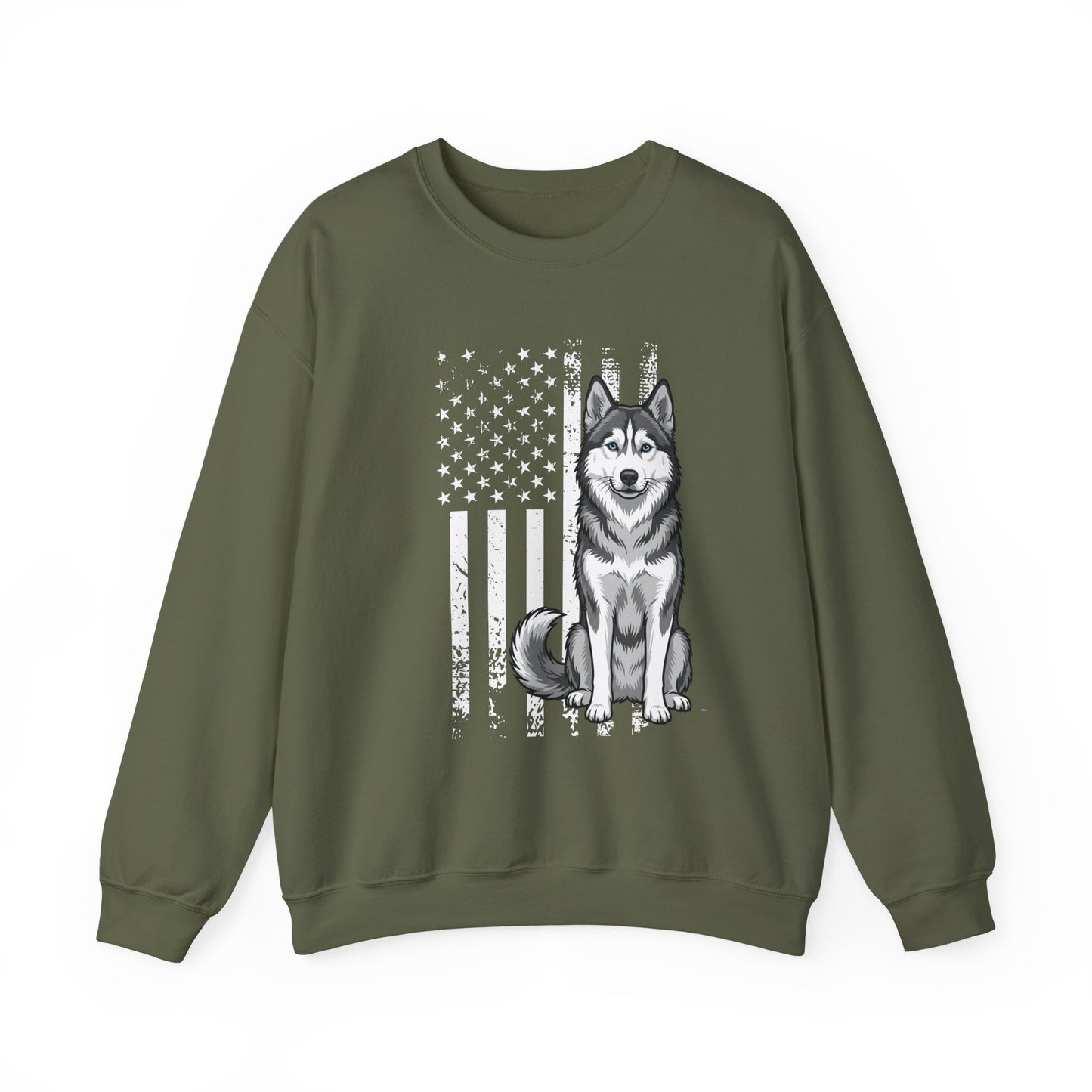 Husky USA Flag Crewneck Sweatshirt Military Green