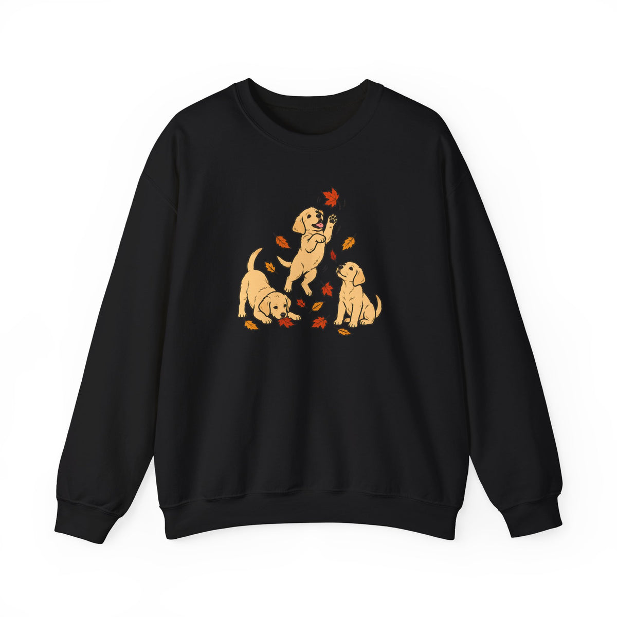 Yellow Labrador Puppies Fall Leaves Crewneck Sweatshirt - Dark Black
