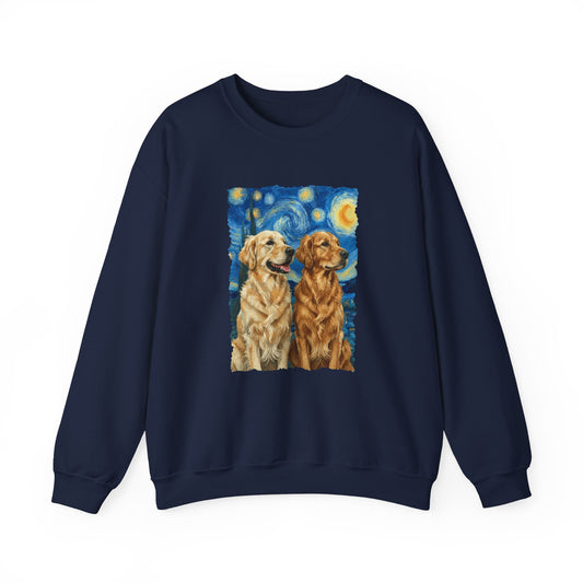 Two Golden Retrievers Van Gogh Crewneck Sweatshirt Navy