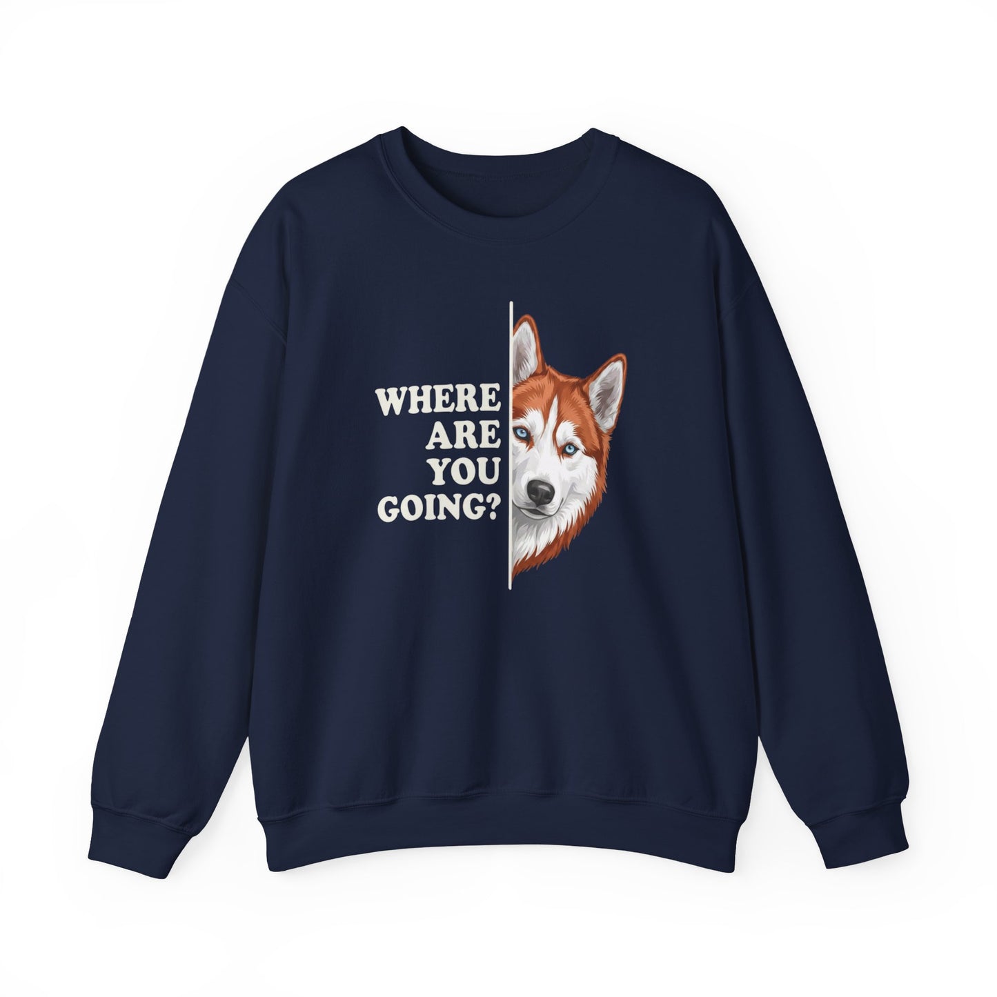 Red and White Husky Alert Crewneck Sweatshirt Navy