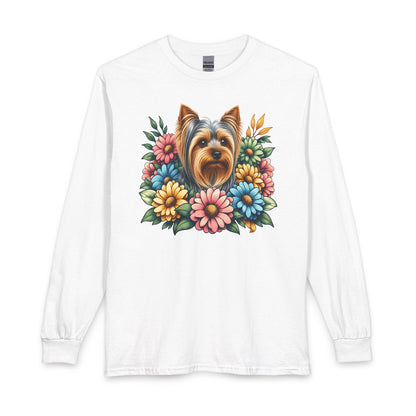 Yorkshire Terrier Flower Wreath Long Sleeve White