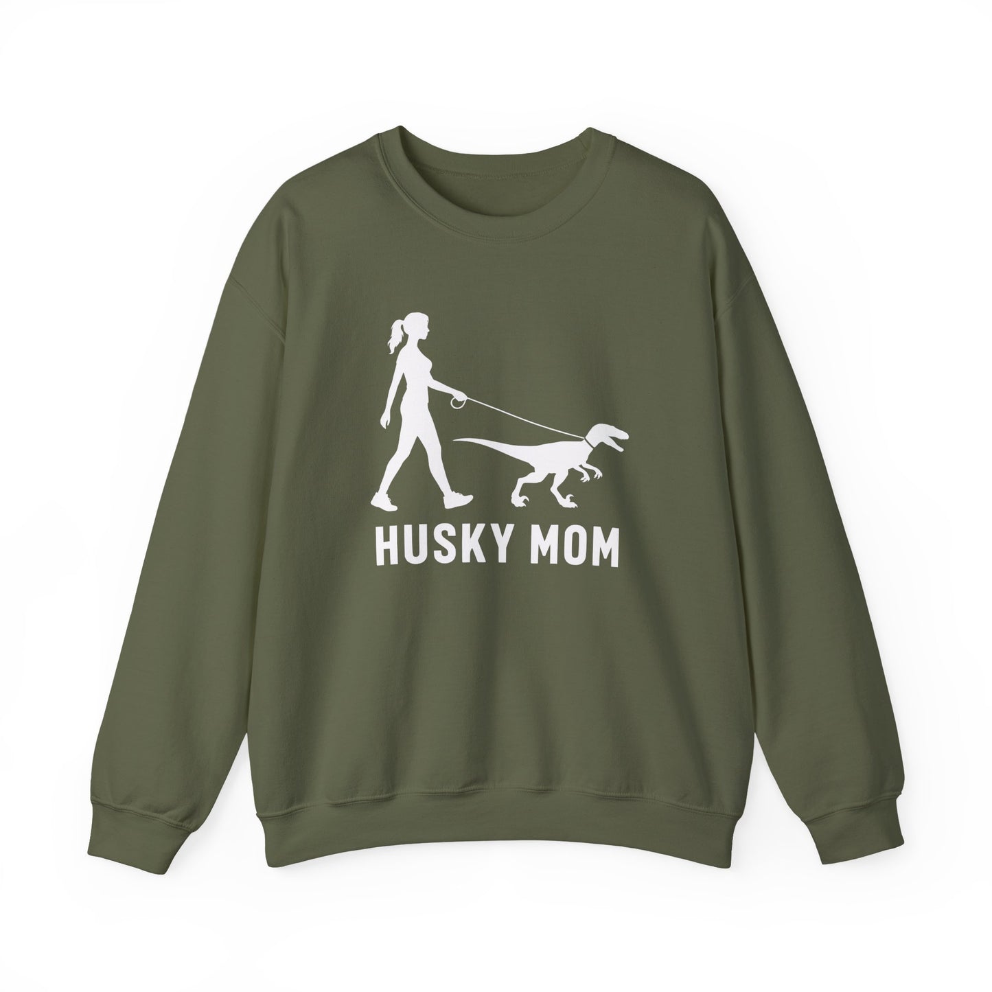 Husky Mom Velociraptor Crewneck Sweatshirt Military Green