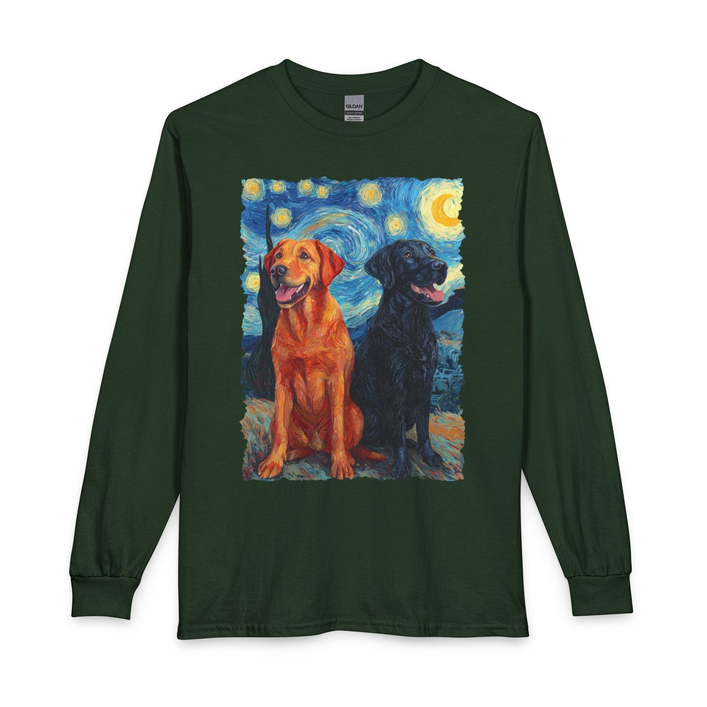 Fox Red & Black Lab Van Gogh Long Sleeve Forest Green
