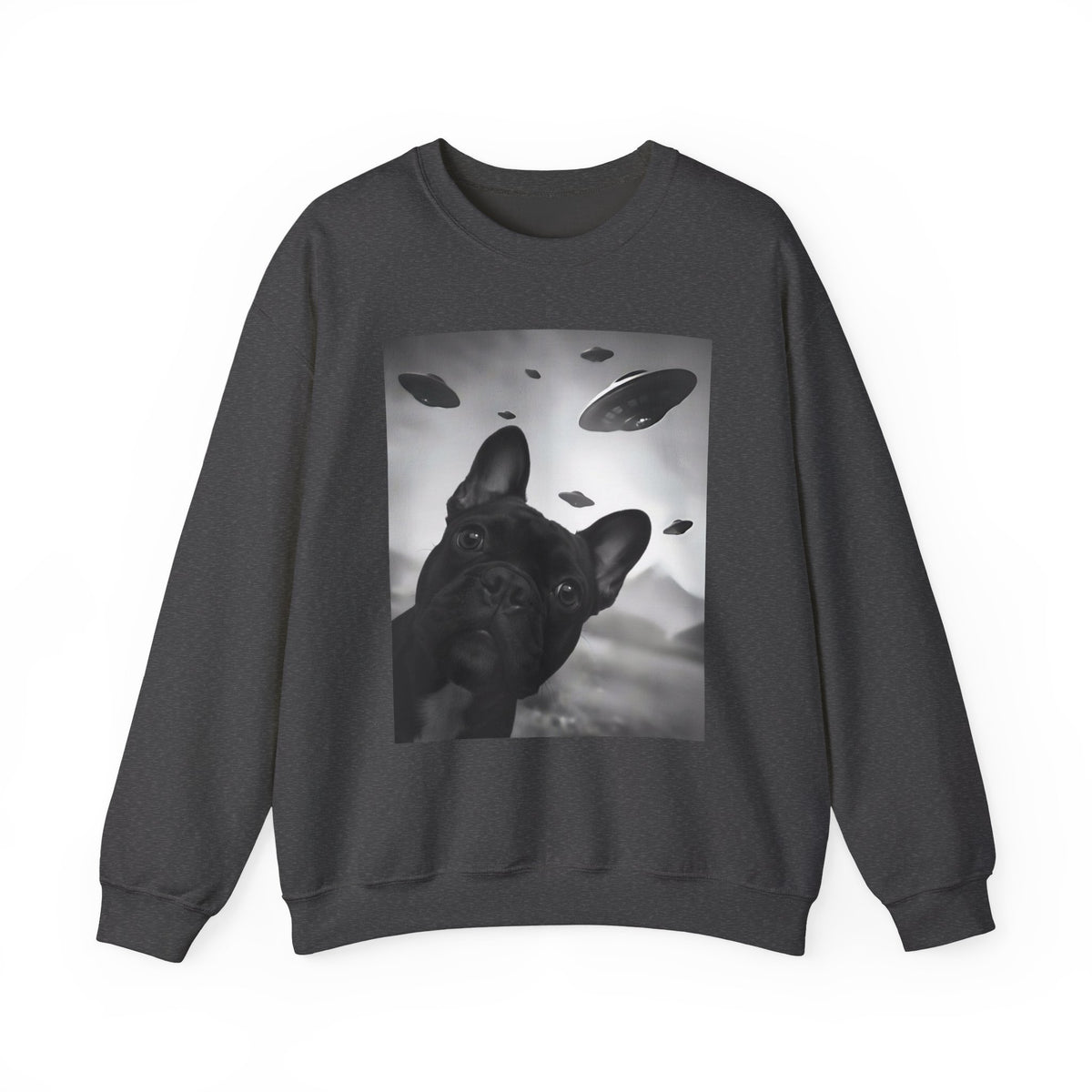 French Bulldog UFO Selfie Crewneck Sweatshirt Dark Heather