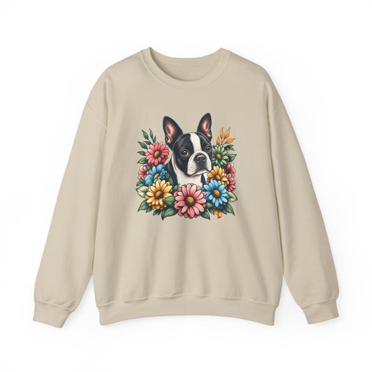 Boston Terrier Flower Wreath Crewneck Sweatshirt