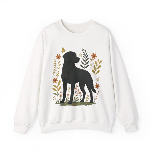 Black Labrador Flowers Crewneck Sweatshirt White
