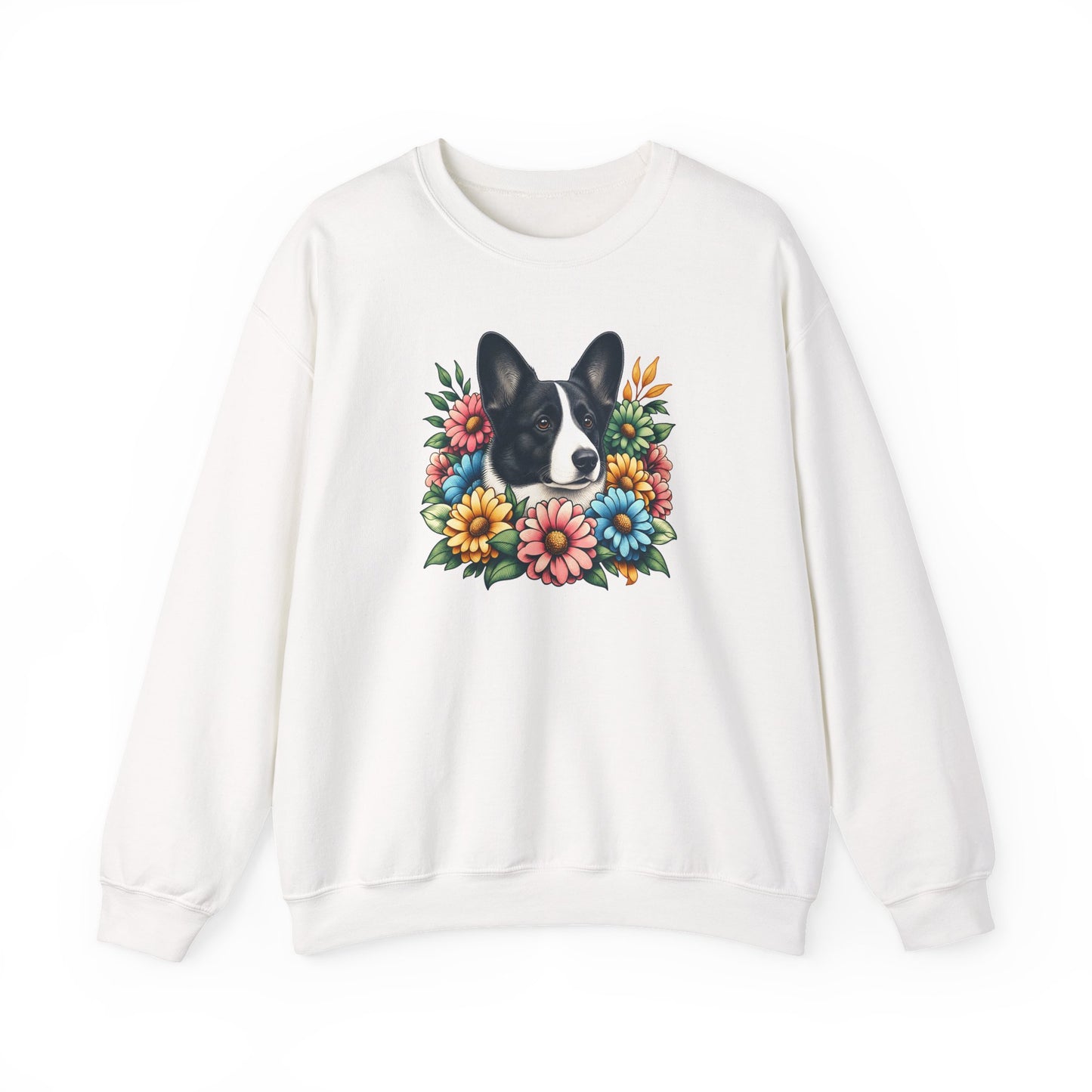 Cardigan Welsh Corgi Black And White Flower Wreath Crewneck Sweatshirt