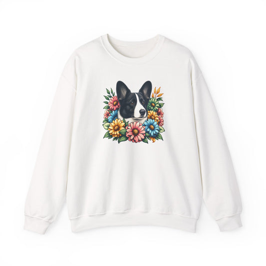 Cardigan Welsh Corgi Black And White Flower Wreath Crewneck Sweatshirt