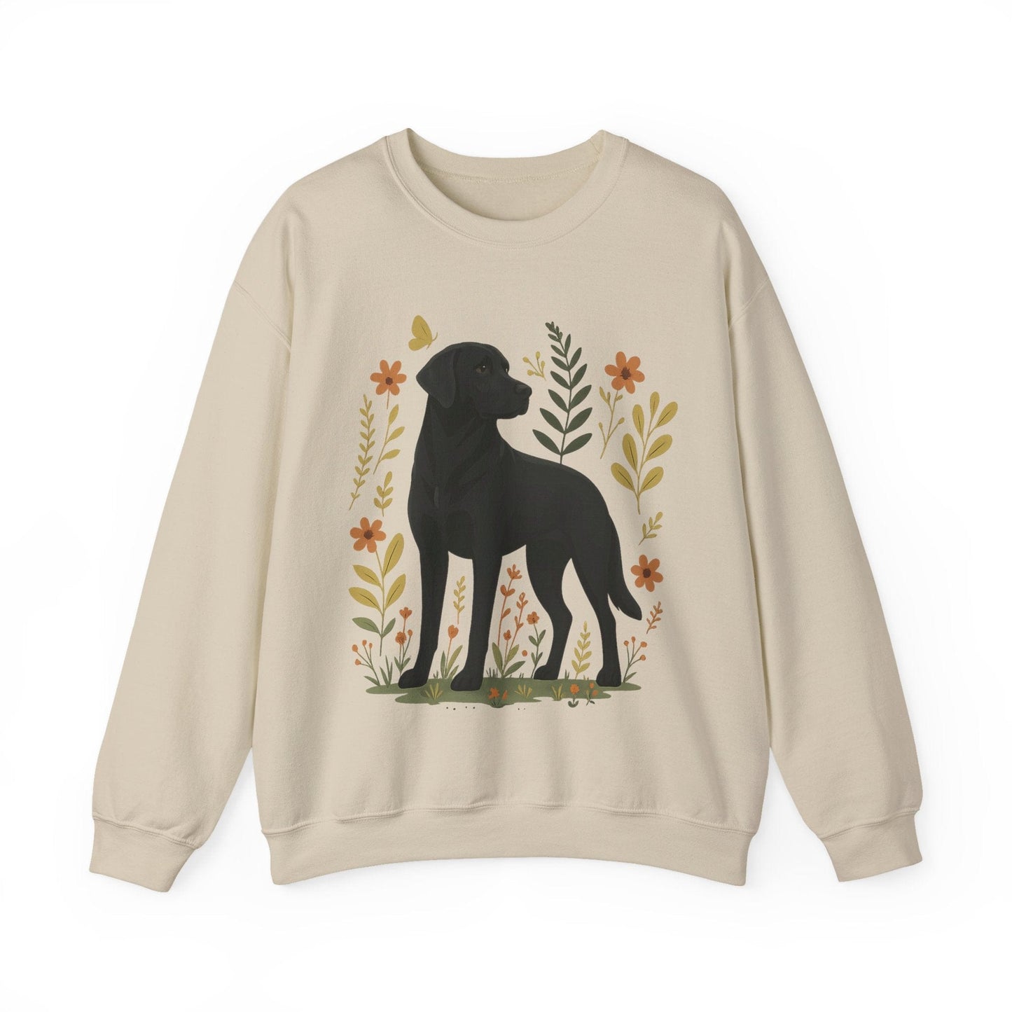 Black Labrador Flowers Crewneck Sweatshirt Sand