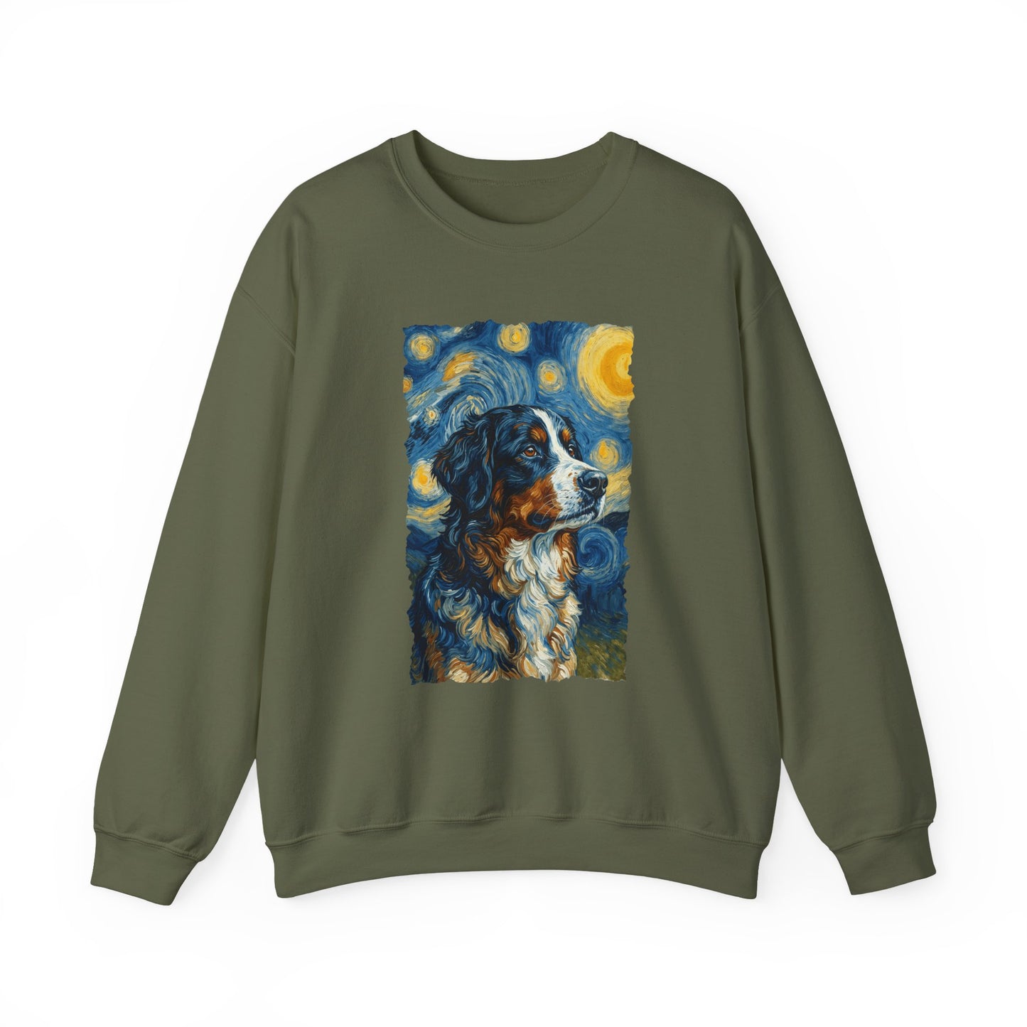 Bernese Mountain Dog Van Gogh Crewneck Sweatshirt Military Green