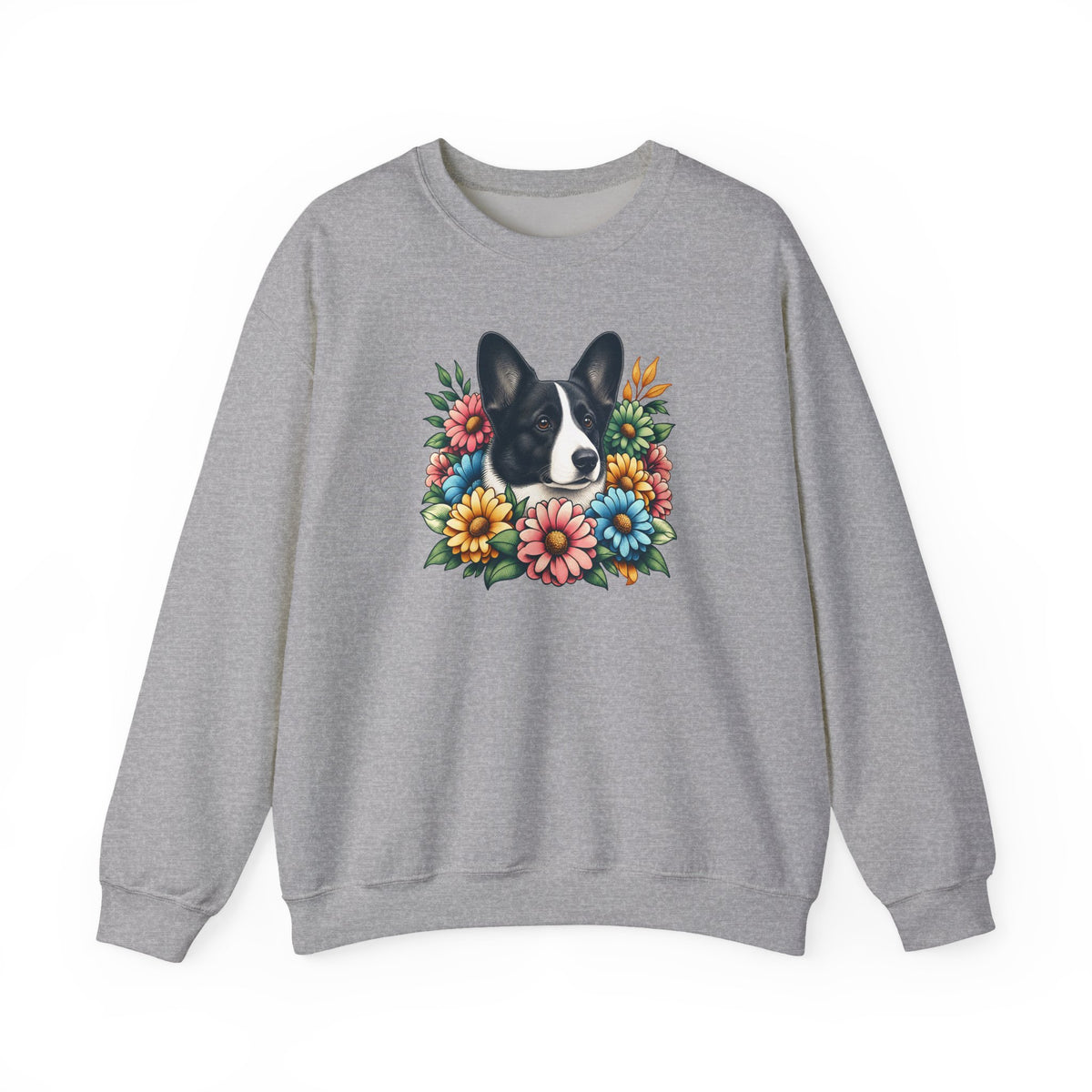 Cardigan Welsh Corgi Black And White Flower Wreath Crewneck Sweatshirt Sport Grey