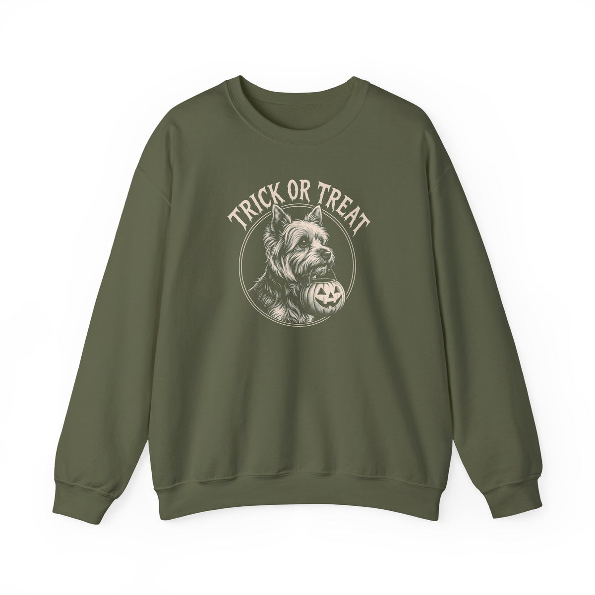 Yorkshire Terrier Trick Or Treat Crewneck Sweatshirt Military Green