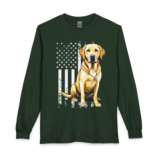 Yellow Labrador USA Flag Long Sleeve Forest Green