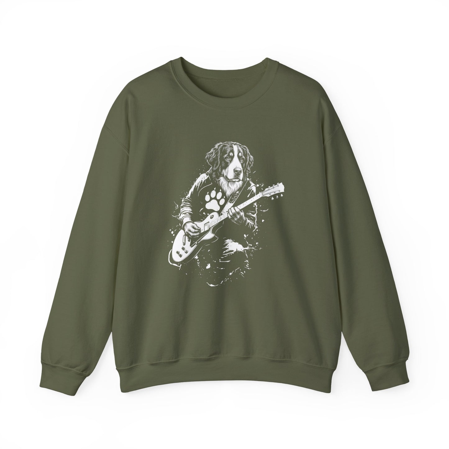 Bernese Mountain Dog Guitar Crewneck Sweatshirt Military Green