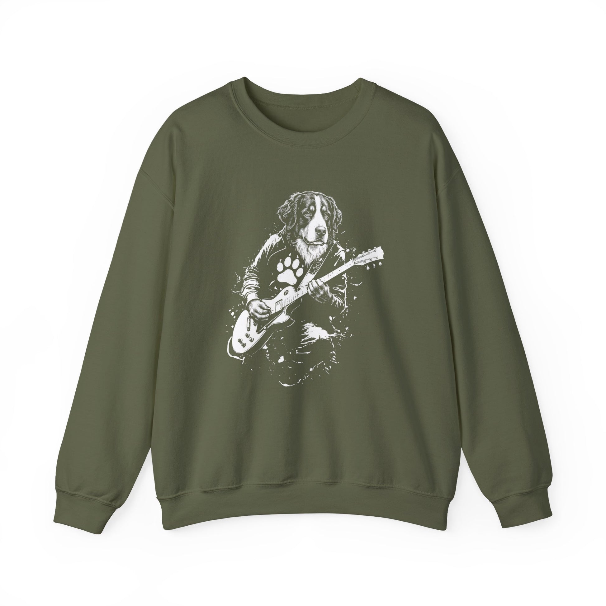Bernese Mountain Dog Guitar Crewneck Sweatshirt Military Green