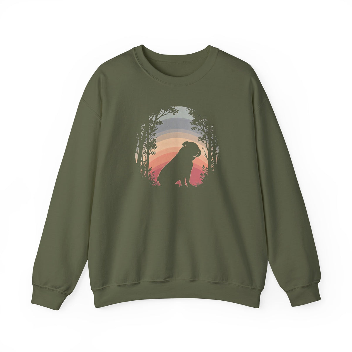 English Bulldog Forest Sunset Crewneck Sweatshirt Military Green