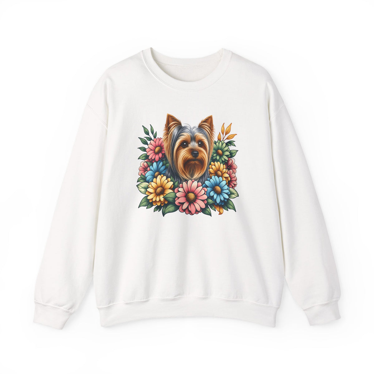 Yorkshire Terrier Flower Wreath Crewneck Sweatshirt White