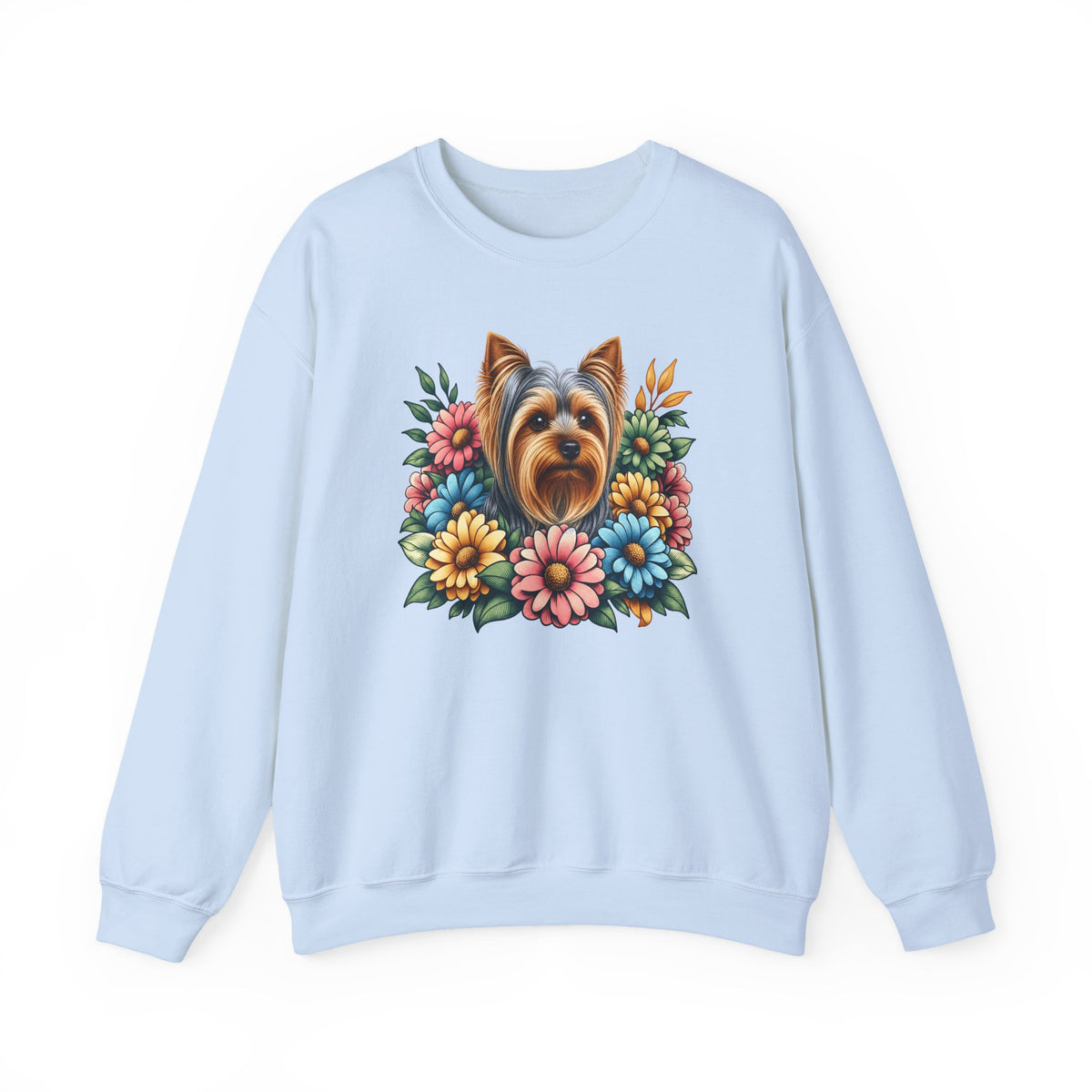 Yorkshire Terrier Flower Wreath Crewneck Sweatshirt Light Blue