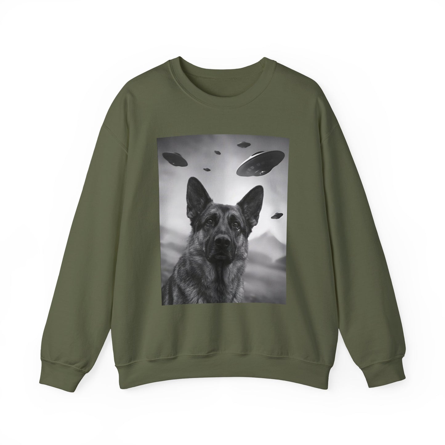 German Shepherd UFO Crewneck Sweatshirt Military Green