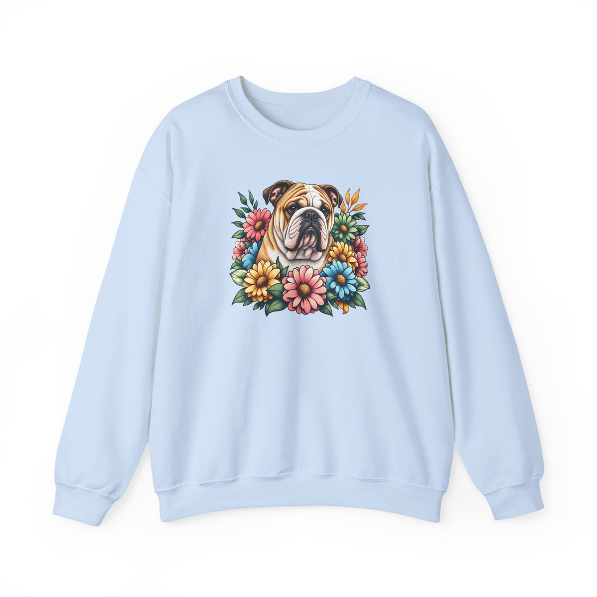 English Bulldog Flower Wreath Crewneck Sweatshirt Light Blue