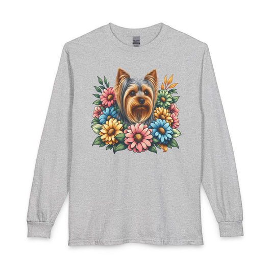Yorkshire Terrier Flower Wreath Long Sleeve Sport Grey