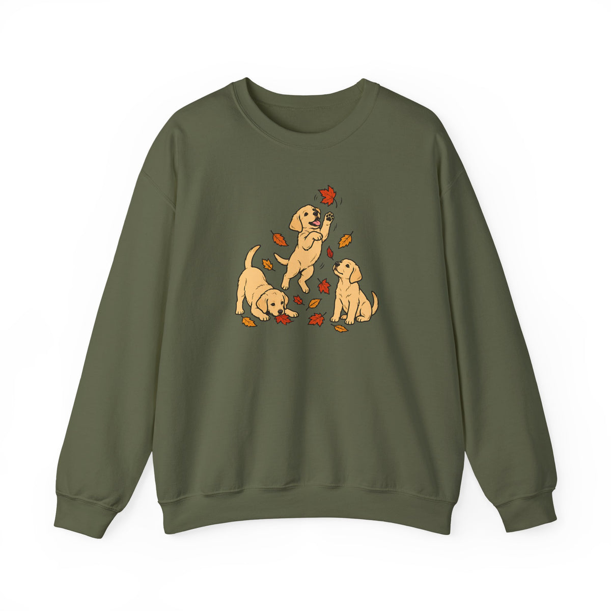 Yellow Labrador Puppies Fall Leaves Crewneck Sweatshirt - Dark Military Green