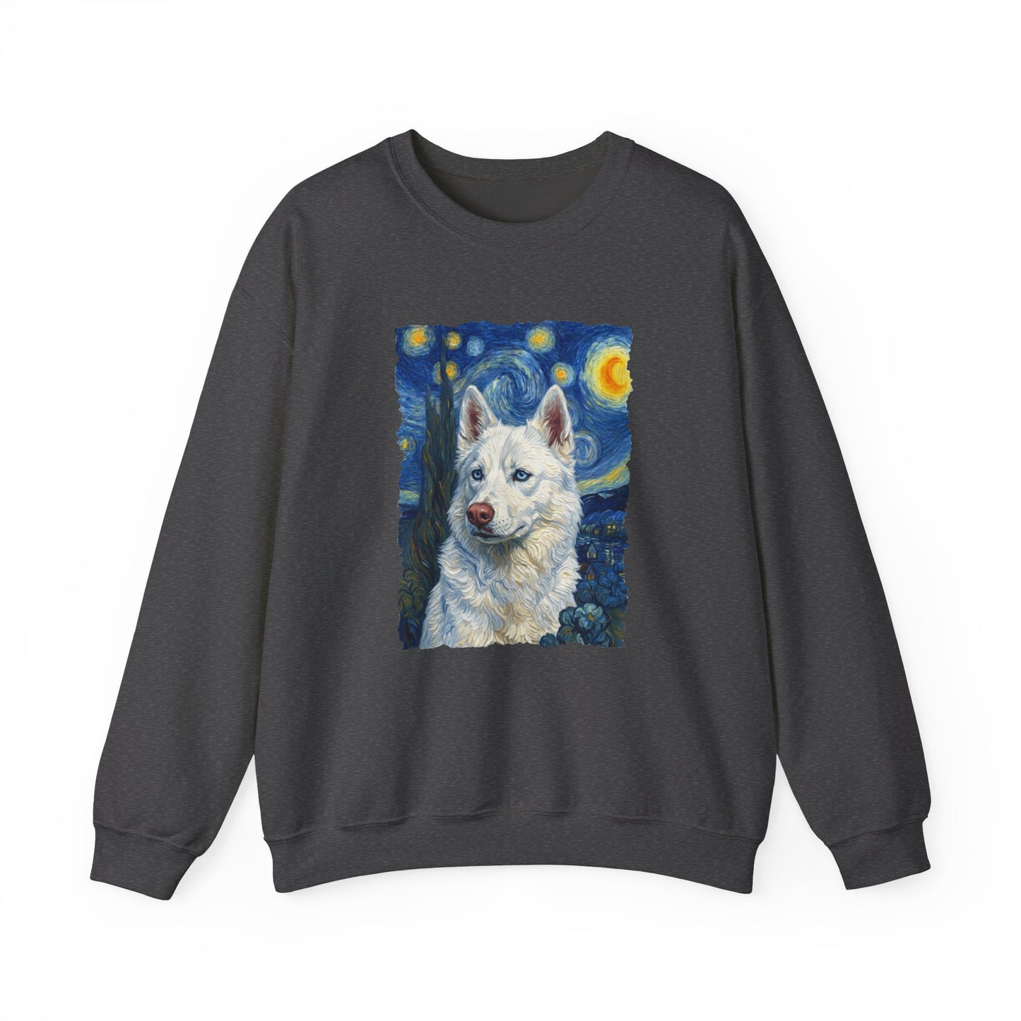 White Husky Van Gogh Crewneck Sweatshirt Dark Heather