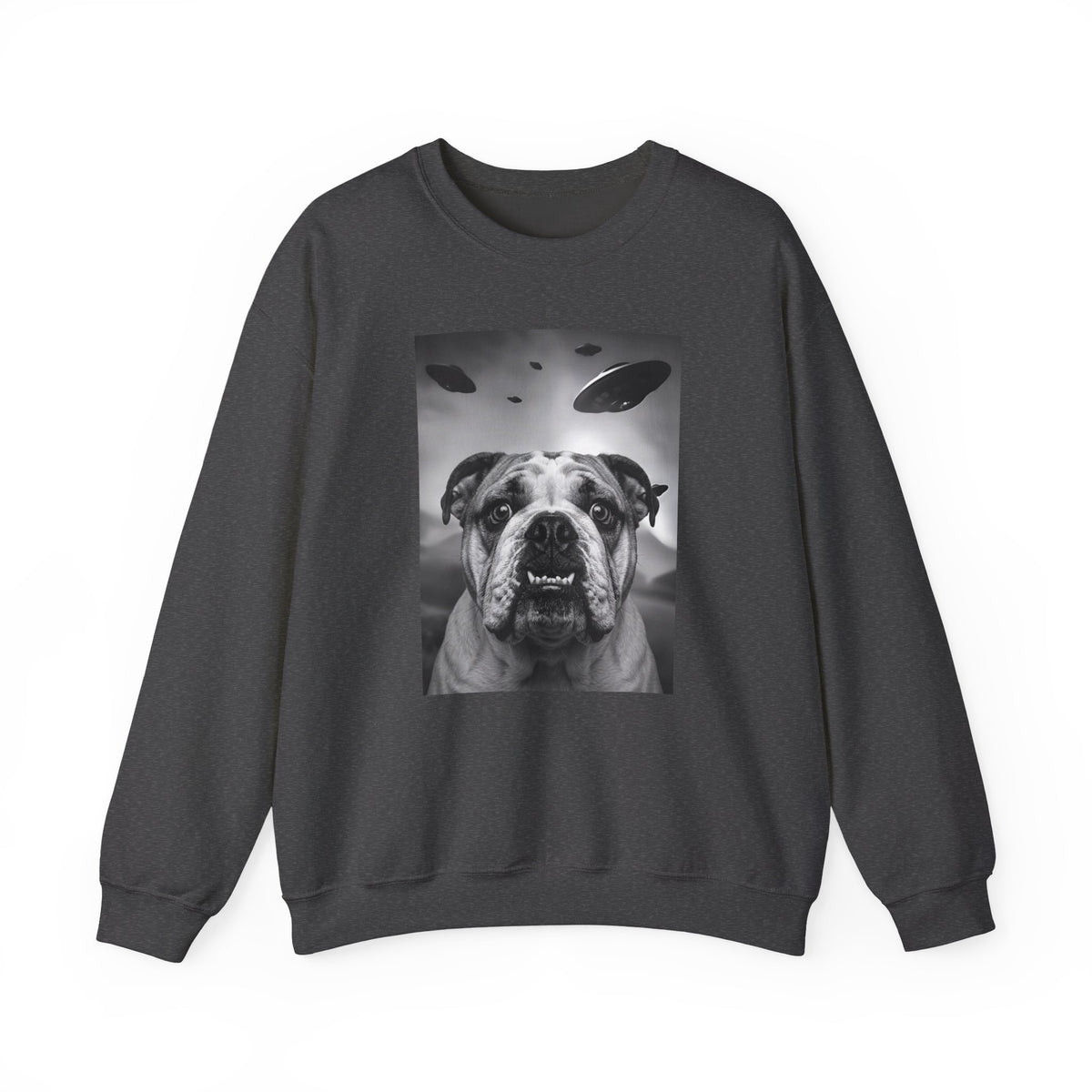 English Bulldog UFO Crewneck Sweatshirt Dark Heather