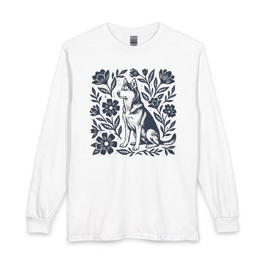 Husky Linocut Long Sleeve White
