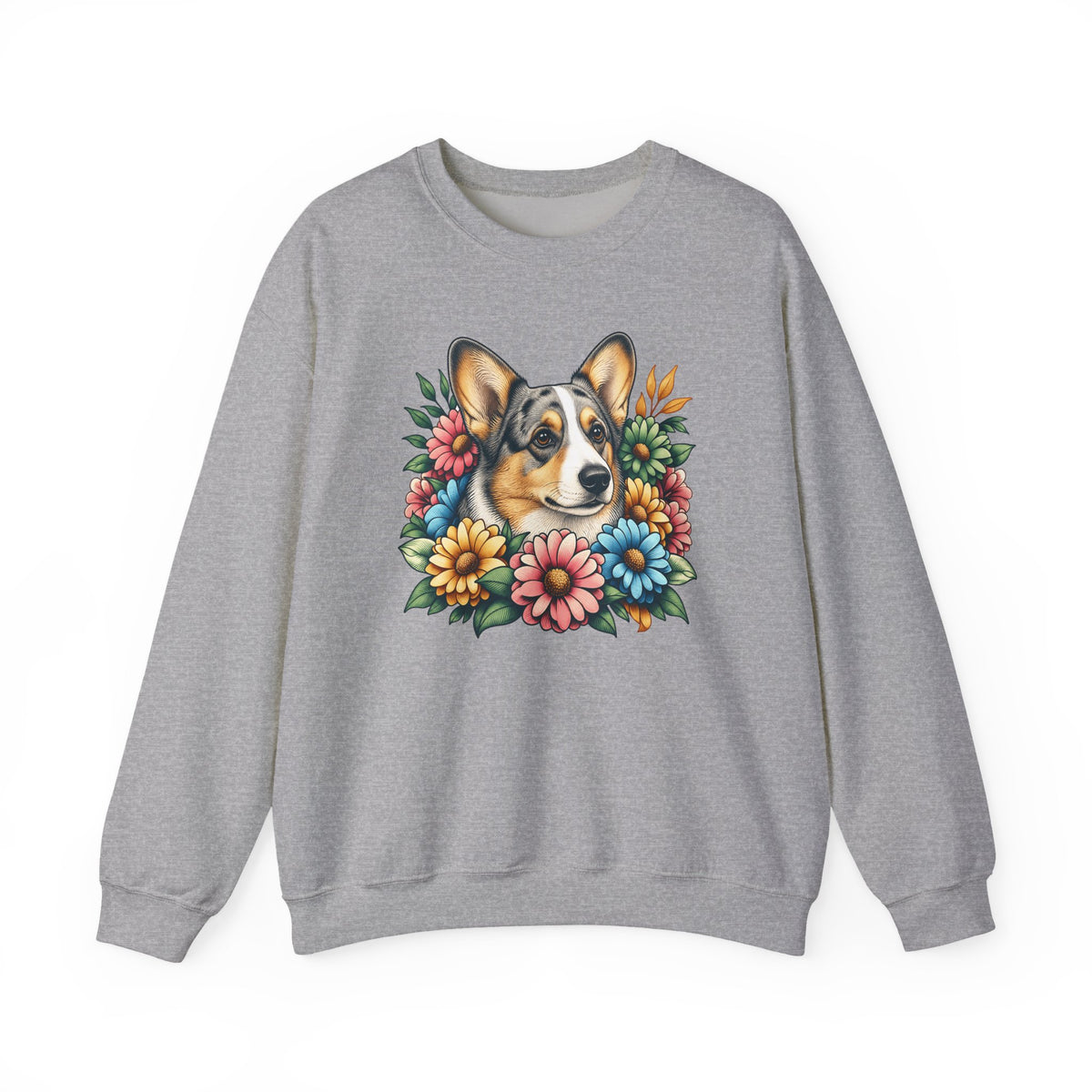 Cardigan Welsh Corgi Blue Merle Flowers Crewneck Sweatshirt Sport Grey
